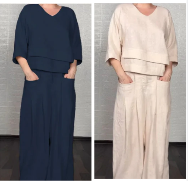 ๐ Irregular Hem Cotton-Linen 2-Piece Set โ V-Neck Top + Wide-Leg Pants, Breathable & Effortlessly Stylish ๐๐