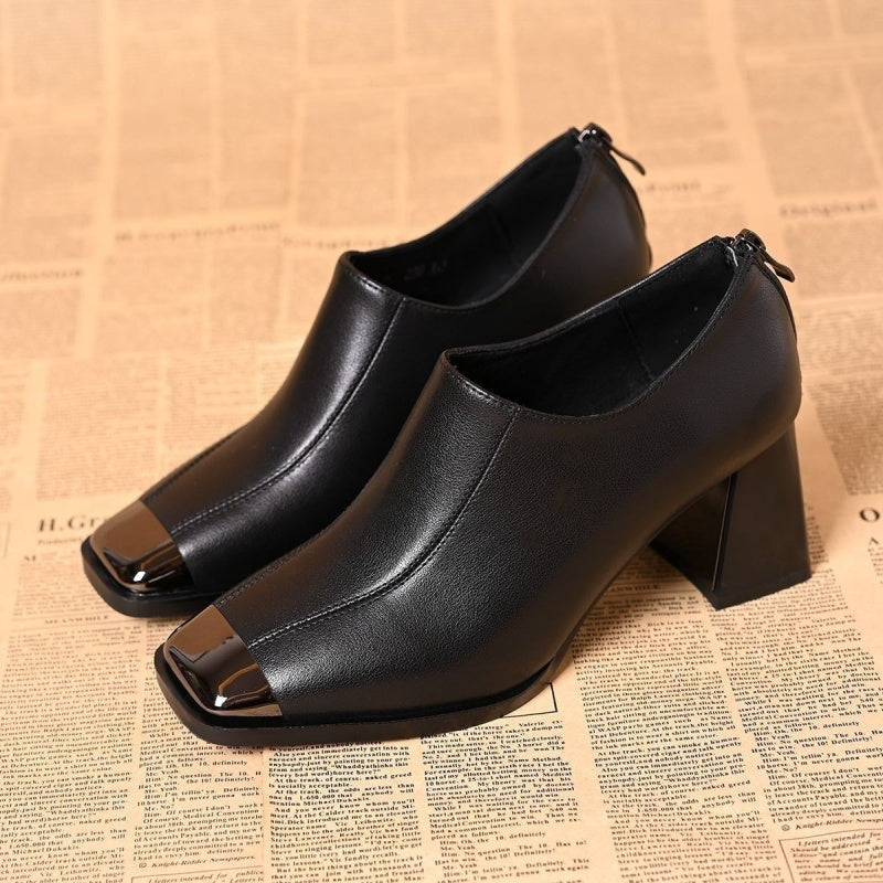 Women's Square-Toe Chunky Heel Shoes with Zipper