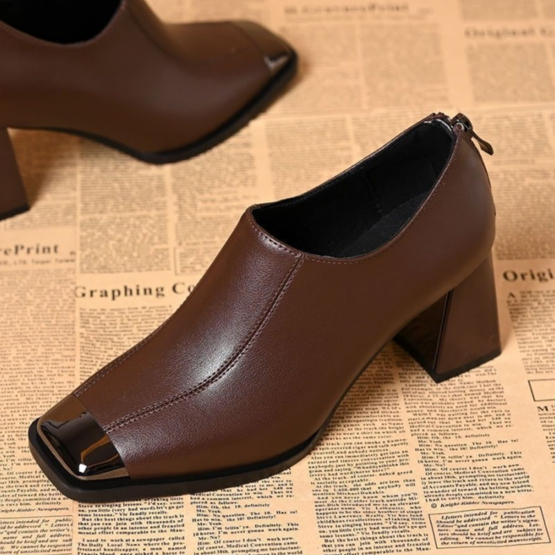 Women's Square-Toe Chunky Heel Shoes with Zipper