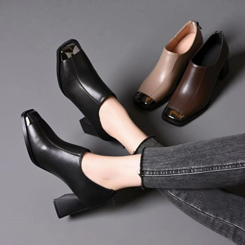 Women's Square-Toe Chunky Heel Shoes with Zipper