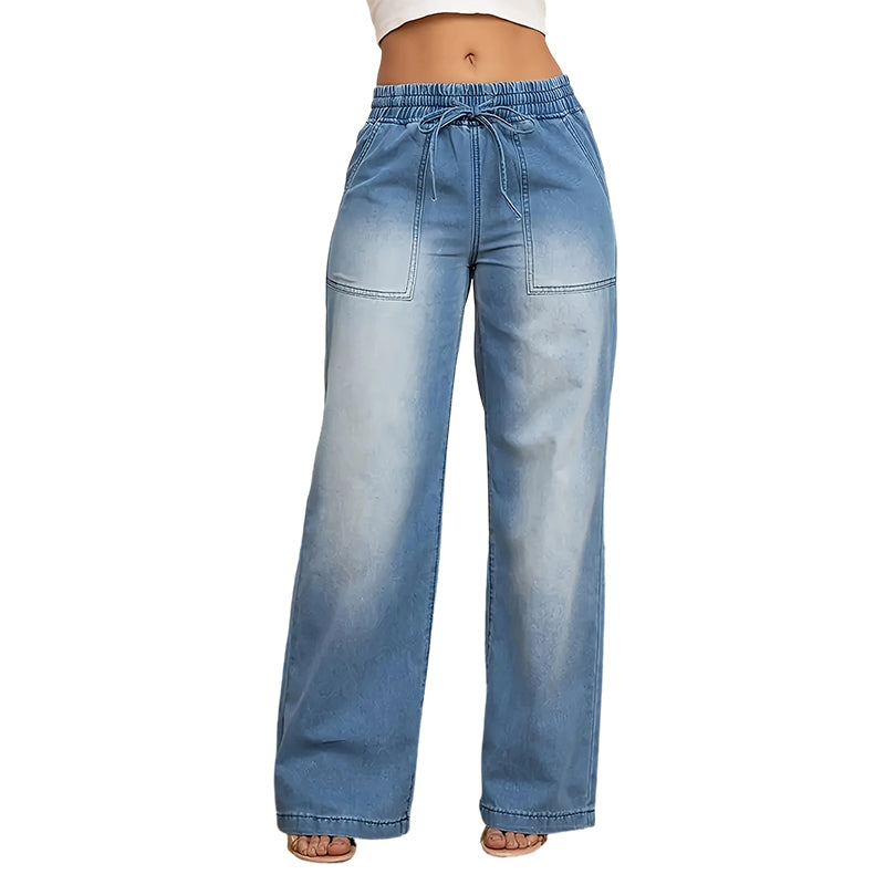Women's Drawstring Waist Wide-Leg Denim Jeans