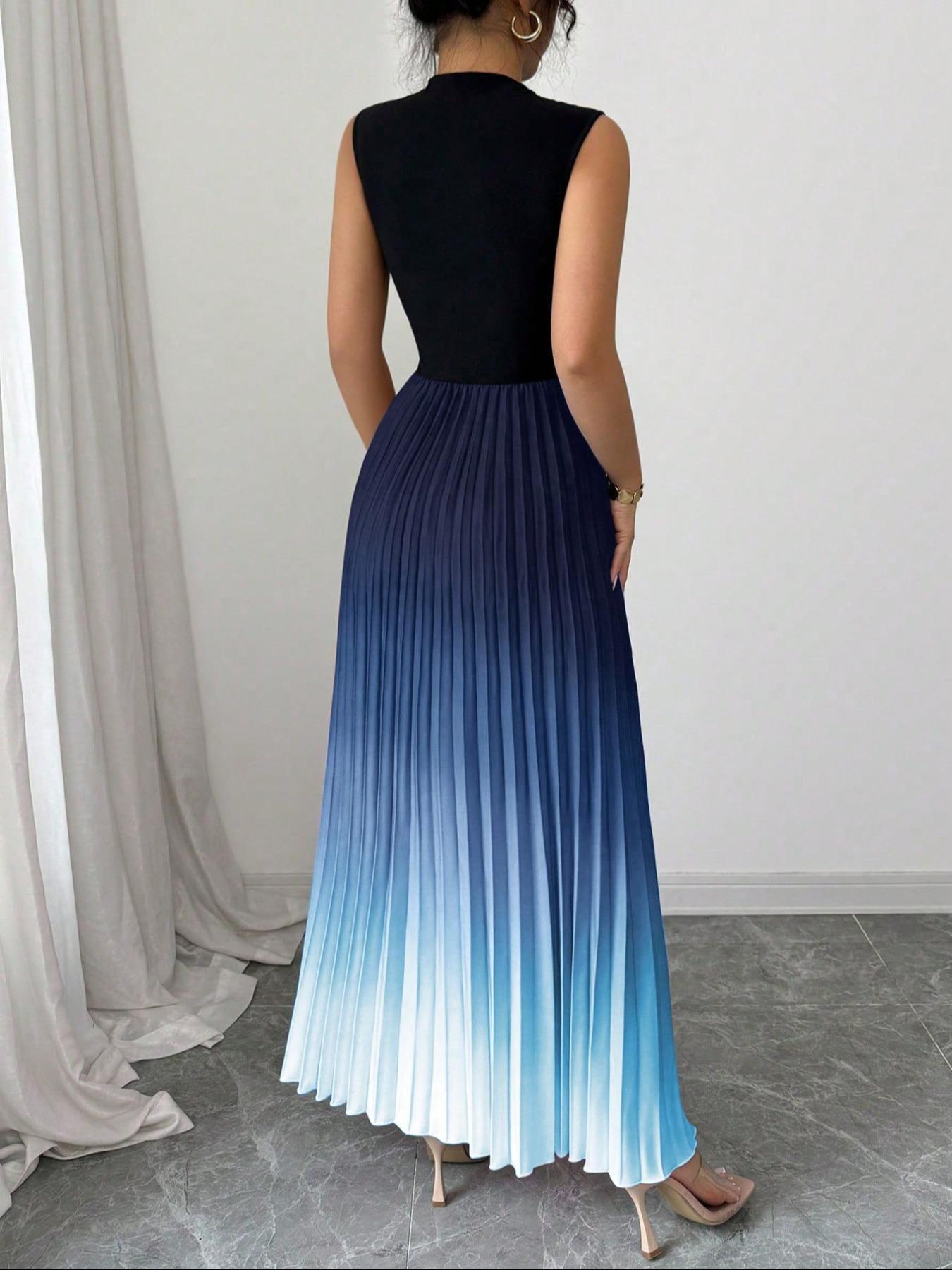 šOmbre Pleated Sleeveless Mock Neck Maxi Dressā¤ļø