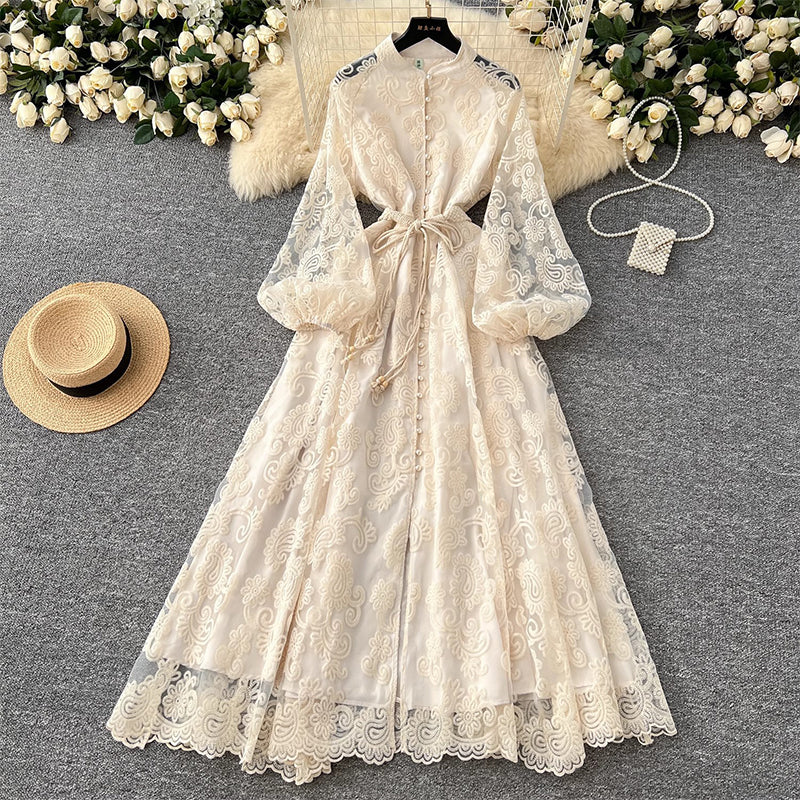 Vintage Embroidered Lantern Sleeve Dress