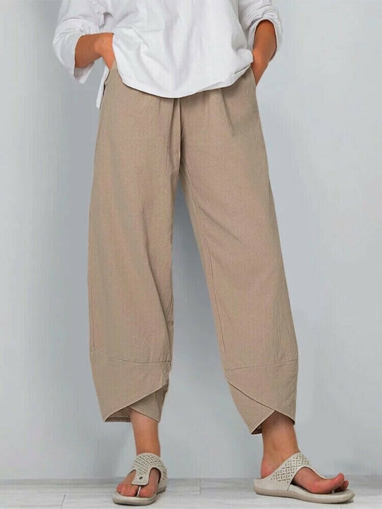 Vintage Asymmetrical Elastic Waist Pockets Pants