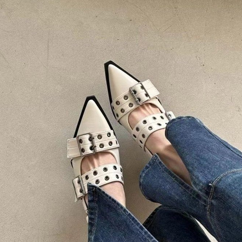 Edgy Grommet & Buckle Low Heel Pumps