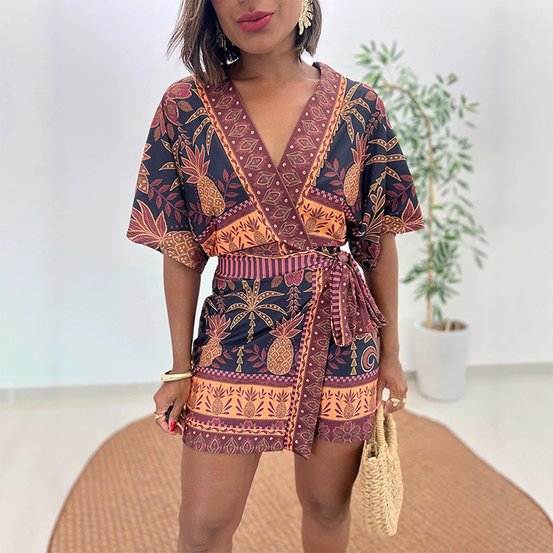 📢📢50% OFF !! ⏰Women's Tropical Print V-Neck Wrap Romper