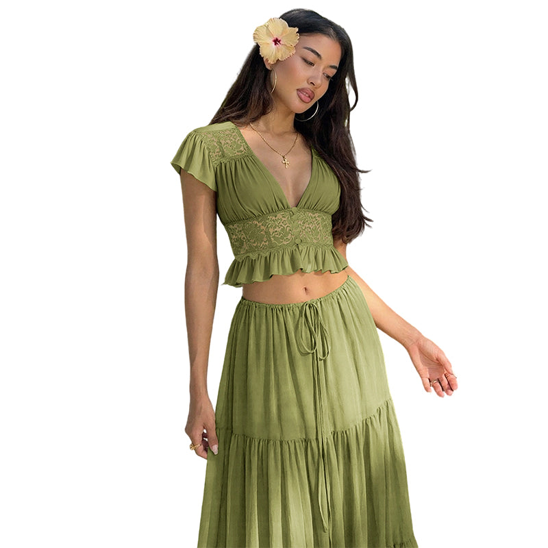 🔥2026 New Arrival & Hot Sale & 50% Off🔥Elegant Lace V-Neck Top & Maxi Skirt Set