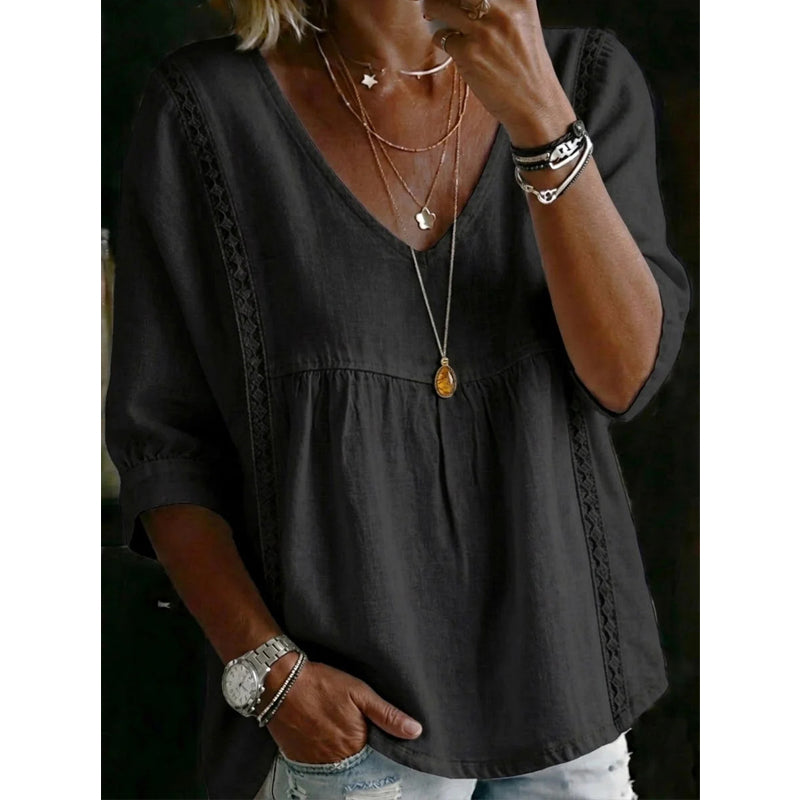 Women’s Lace-Trim V-Neck Top – Bohemian Charm, Empire Waist, 3/4 Sleeves 🌼