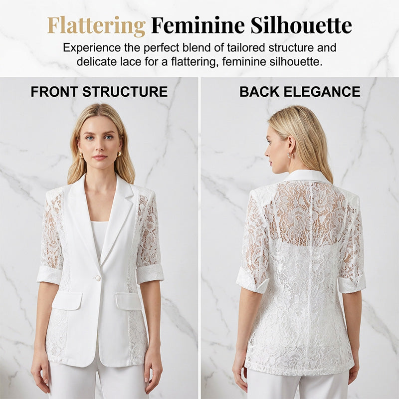 🤵♀️ LIMITED-TIME 50% OFF! ✨ White Lace Blazer – Slim Fit, 3/4 Sleeve, Elegant Transition 👑