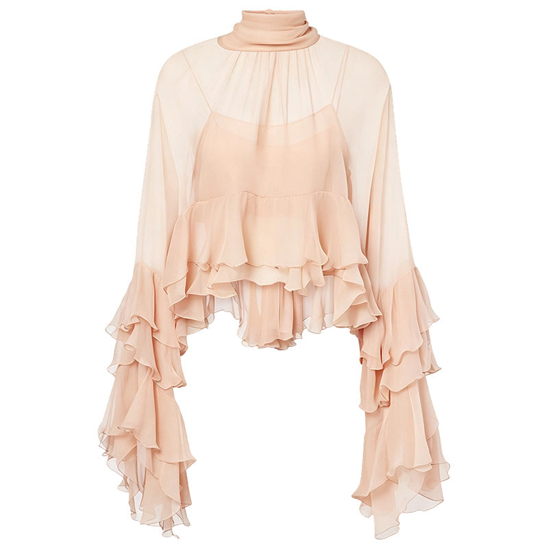 🎉 LIMITED TIME 50% OFF! 👚 Sheer Mock Neck Blouse – Ruffled Sleeve Elegance ✨