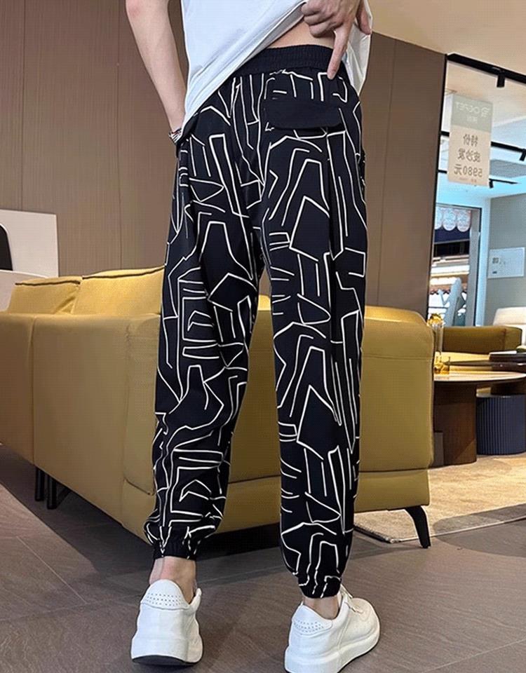 Men's Ice Silk Printed Casual Side Slit Cropped Pants