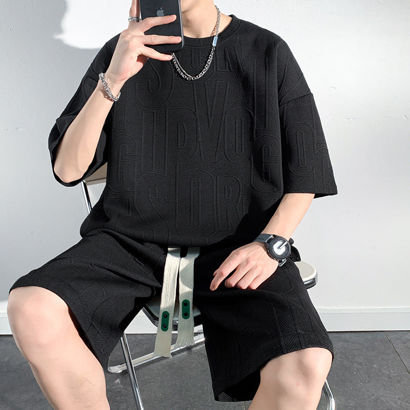 Men's cotton Casual Loose Outfits Short 2 Pieces Suit