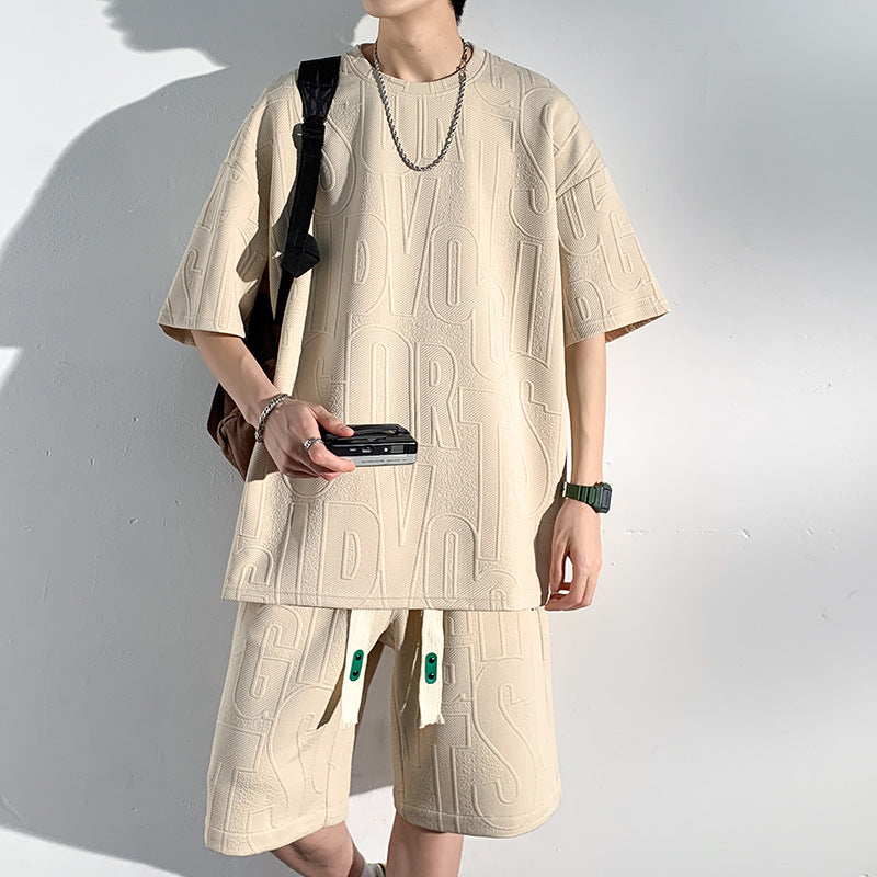 Men's cotton Casual Loose Outfits Short 2 Pieces Suit