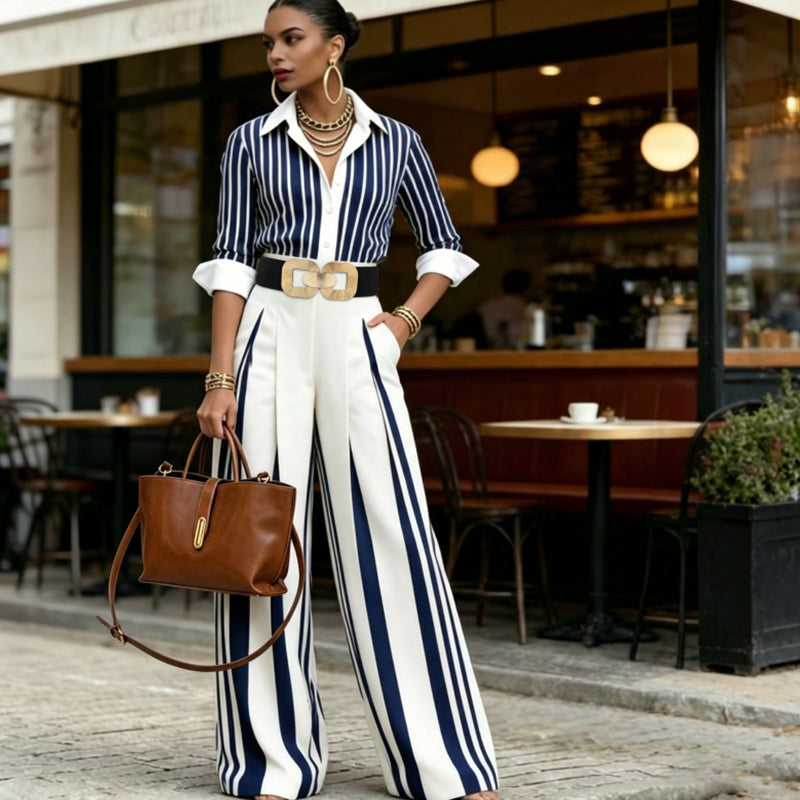 ⏳Time-Limited Special⏰Women's Striped Shirt & Wide-Leg Pants 2-Piece Set