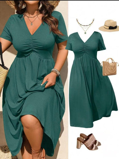 👗 LIMITED TIME 50% OFF! ✨ Plus Size V-Neck Ruched Short Sleeve Midi Dress with Flounce – A-Line Silhouette & Flowy Fabric 🌸