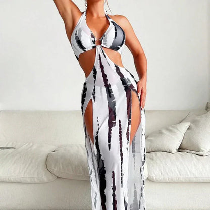 👙 LIMITED TIME 50% OFF! ✨ Striped Two-Piece Swimsuit – Halter Neck Tie, Ring Detail, High Stretch 🌊