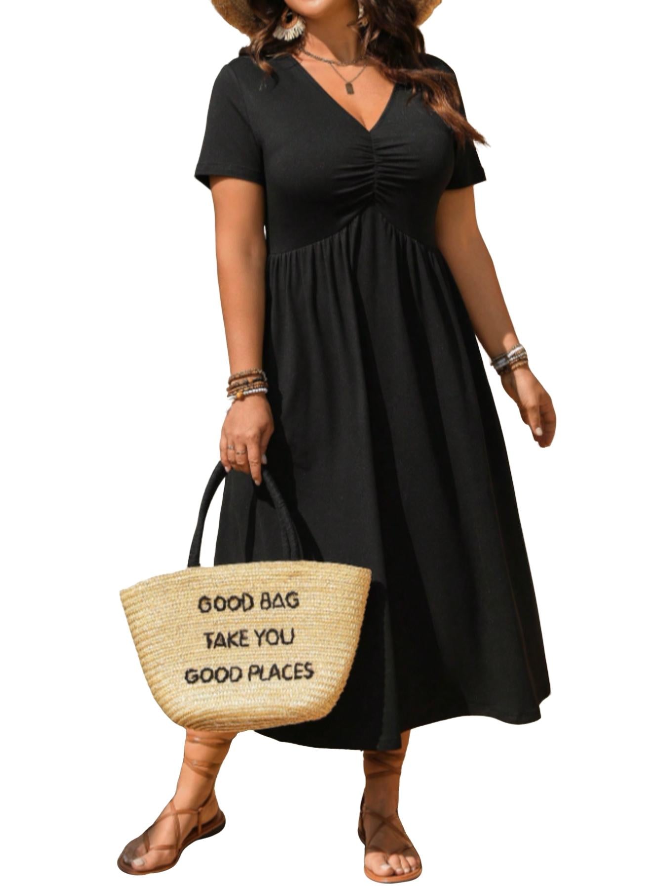 👗 LIMITED TIME 50% OFF! ✨ Plus Size V-Neck Ruched Short Sleeve Midi Dress with Flounce – A-Line Silhouette & Flowy Fabric 🌸