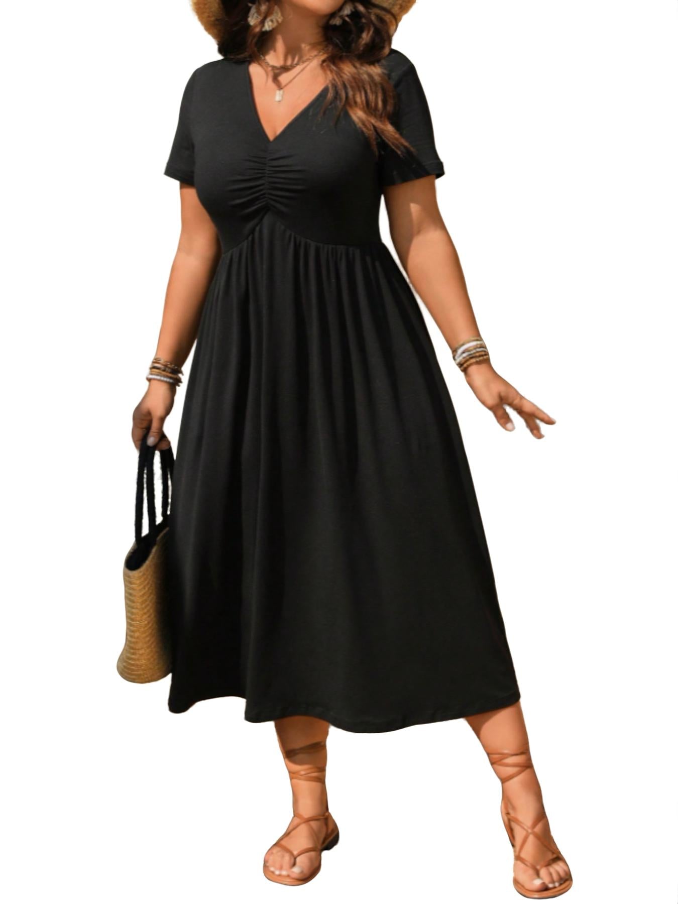 👗 LIMITED TIME 50% OFF! ✨ Plus Size V-Neck Ruched Short Sleeve Midi Dress with Flounce – A-Line Silhouette & Flowy Fabric 🌸