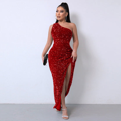 💃Christmas Gift 50% OFF!!💋Women's Glitter Sequins One Shoulder Ruched Split Thigh Bodycon Dress