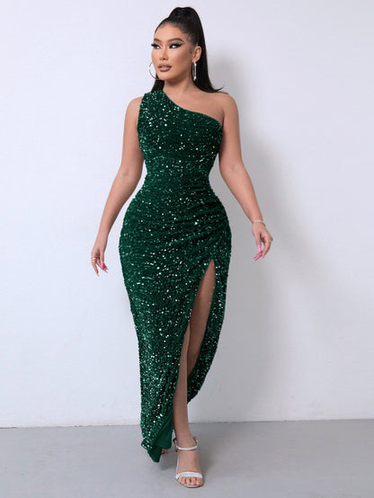 💃Christmas Gift 50% OFF!!💋Women's Glitter Sequins One Shoulder Ruched Split Thigh Bodycon Dress