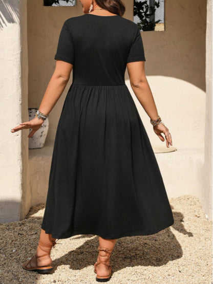 👗 LIMITED TIME 50% OFF! ✨ Plus Size V-Neck Ruched Short Sleeve Midi Dress with Flounce – A-Line Silhouette & Flowy Fabric 🌸