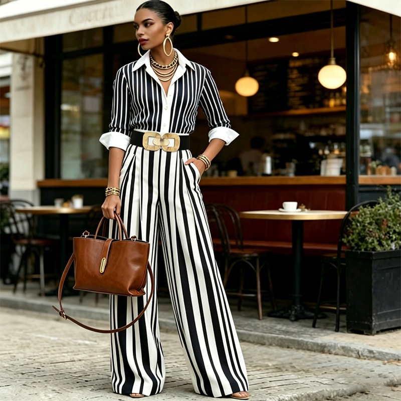 ⏳Time-Limited Special⏰Women's Striped Shirt & Wide-Leg Pants 2-Piece Set