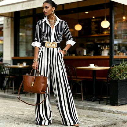 ⏳Time-Limited Special⏰Women's Striped Shirt & Wide-Leg Pants 2-Piece Set