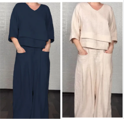 💎 Irregular Hem Cotton-Linen 2-Piece Set – V-Neck Top + Wide-Leg Pants, Breathable & Effortlessly Stylish 🍂👚