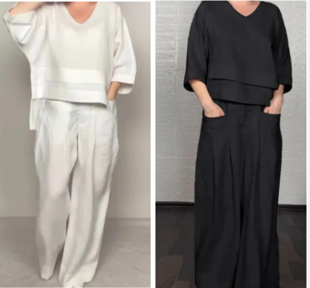 💎 Irregular Hem Cotton-Linen 2-Piece Set – V-Neck Top + Wide-Leg Pants, Breathable & Effortlessly Stylish 🍂👚