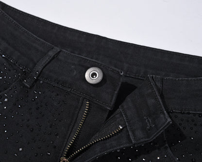 Rhinestone Embellished Slim-Fit Black Denim Jeans