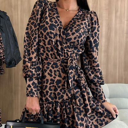 💖Limited Sale 49% OFF💖Leopard Print Wrap V-Neck Waist Tie Dress