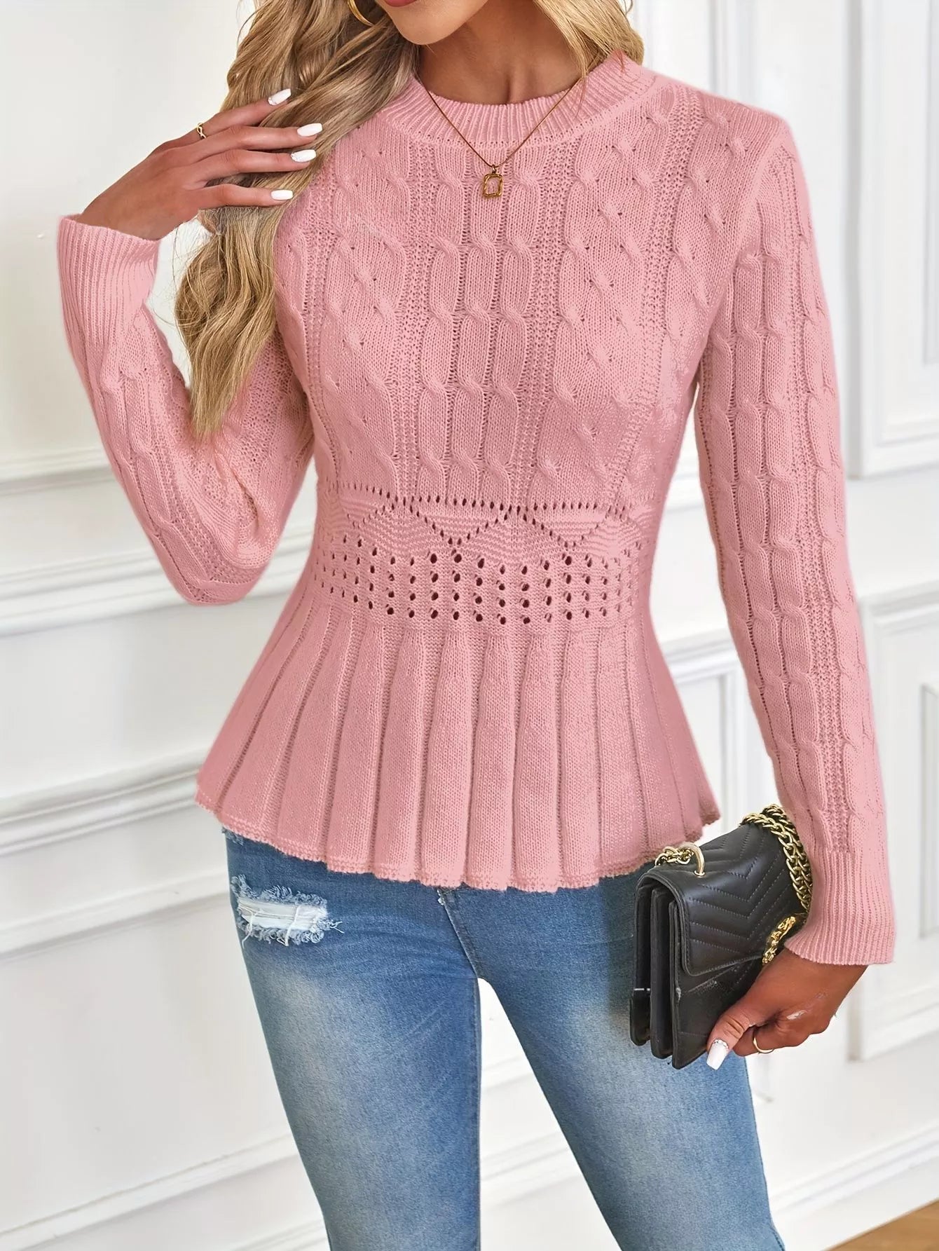 Women's Chunky-Knitted Crew Neck Peplum Sweater