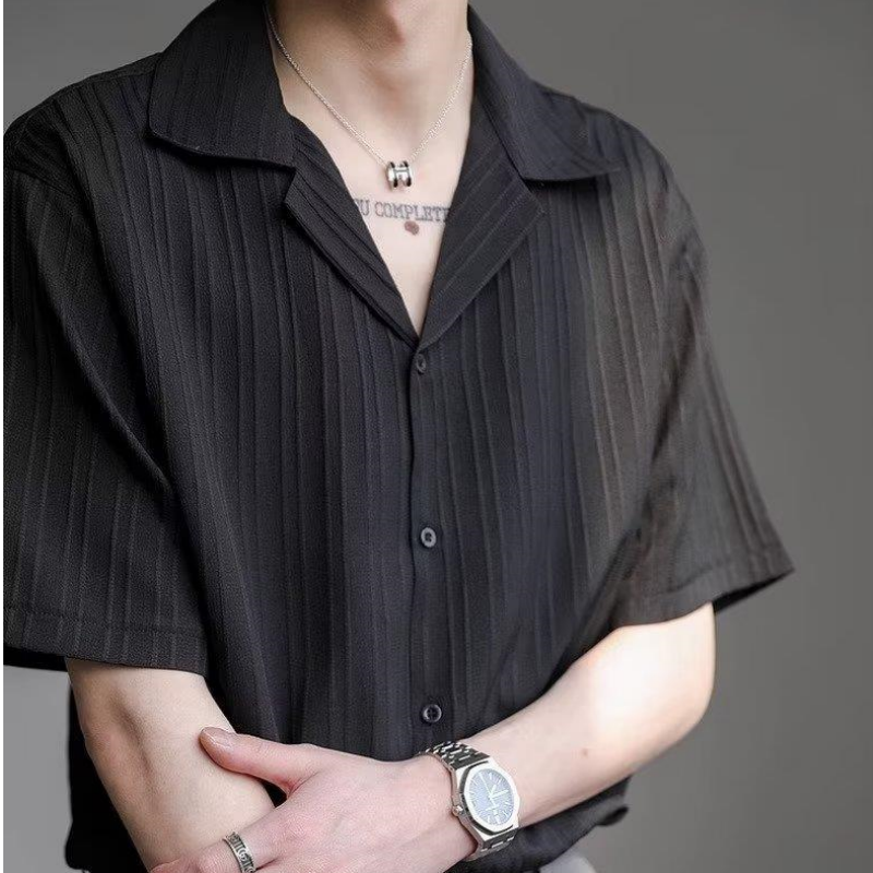 Chemise fine à manches courtes pour hommes avec col cubain