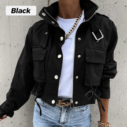 Stand Collar Snap Button Drawstring Pocket Jacket