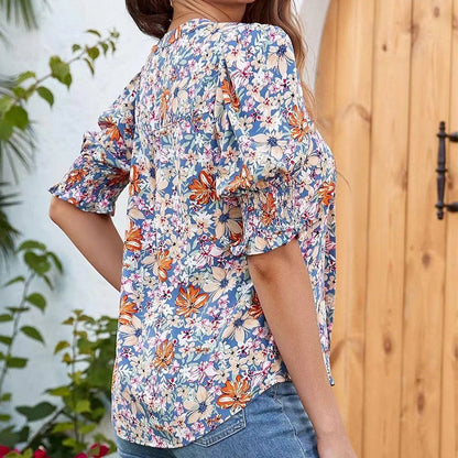 ☀️Floral V-neck Puff Sleeve Blouse For Women🌺