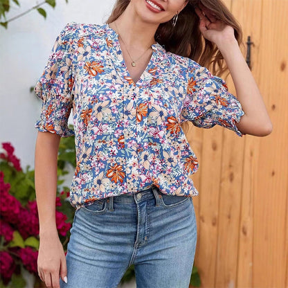 ☀️Floral V-neck Puff Sleeve Blouse For Women🌺