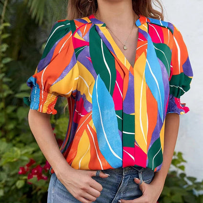☀️Floral V-neck Puff Sleeve Blouse For Women🌺