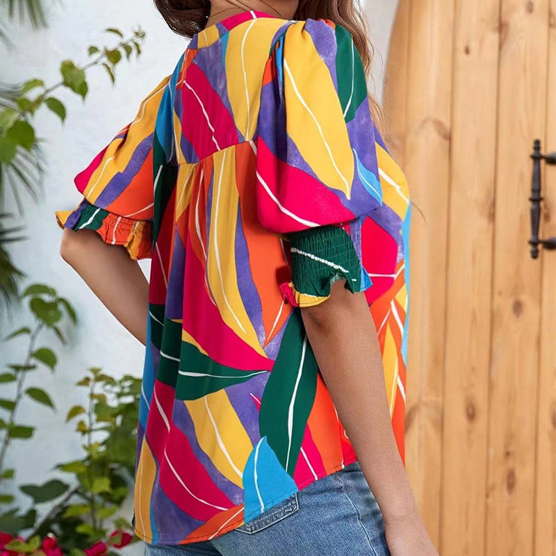 ☀️Floral V-neck Puff Sleeve Blouse For Women🌺