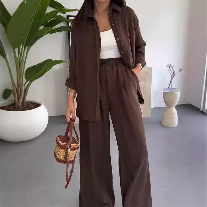 Womens Fashion Solid Color Loose Shirt Casual Wide Leg Pants Two Piece Set