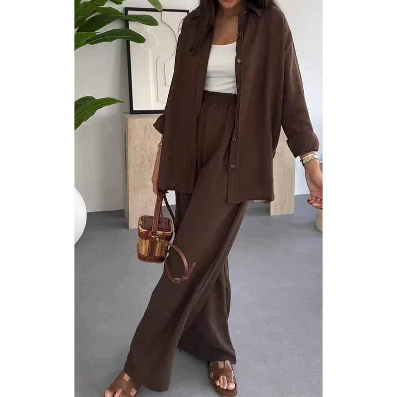 Womens Fashion Solid Color Loose Shirt Casual Wide Leg Pants Two Piece Set
