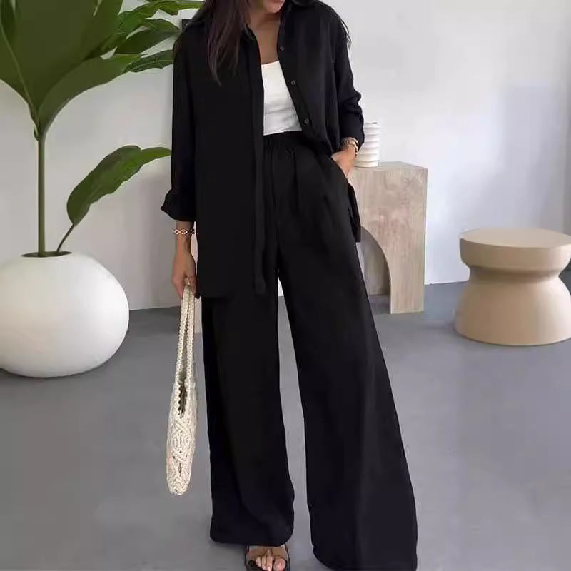 Womens Fashion Solid Color Loose Shirt Casual Wide Leg Pants Two Piece Set