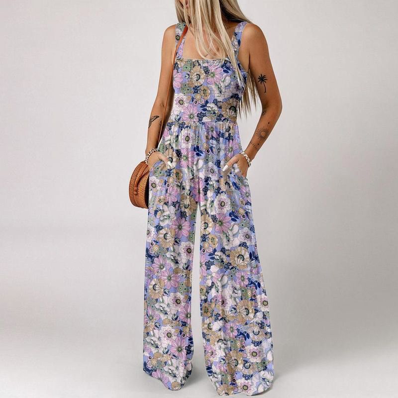 Women’s Floral Sleeveless Jumpsuit – Smocked Bust & Wide-Leg Summer Chic 👒🏖️