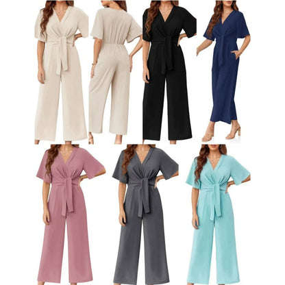 👖 LIMITED-TIME 50% OFF! 💃 Women's Elegant V-Neck Wide Leg Waist Tie Jumpsuit – Flattering Silhouette, Versatile, All-Day Comfort 🌸