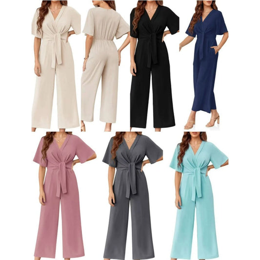 👖 LIMITED-TIME 50% OFF! 💃 Women's Elegant V-Neck Wide Leg Waist Tie Jumpsuit – Flattering Silhouette, Versatile, All-Day Comfort 🌸