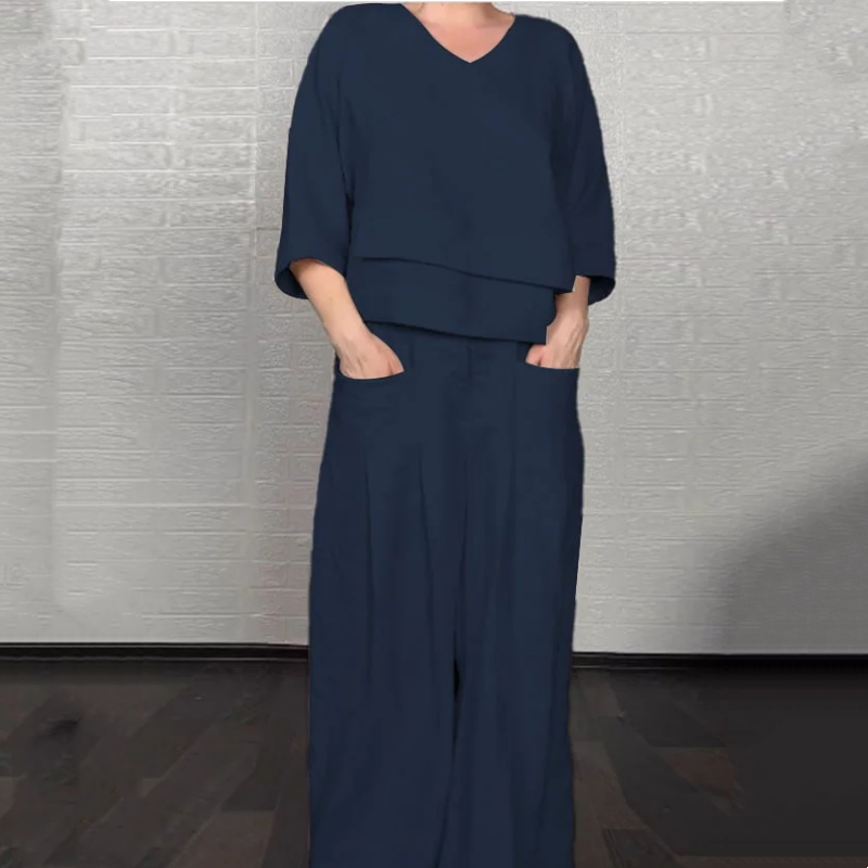 💎 Irregular Hem Cotton-Linen 2-Piece Set – V-Neck Top + Wide-Leg Pants, Breathable & Effortlessly Stylish 🍂👚