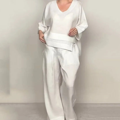 💎 Irregular Hem Cotton-Linen 2-Piece Set – V-Neck Top + Wide-Leg Pants, Breathable & Effortlessly Stylish 🍂👚