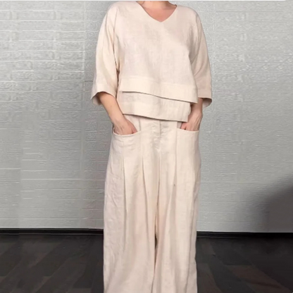 💎 Irregular Hem Cotton-Linen 2-Piece Set – V-Neck Top + Wide-Leg Pants, Breathable & Effortlessly Stylish 🍂👚