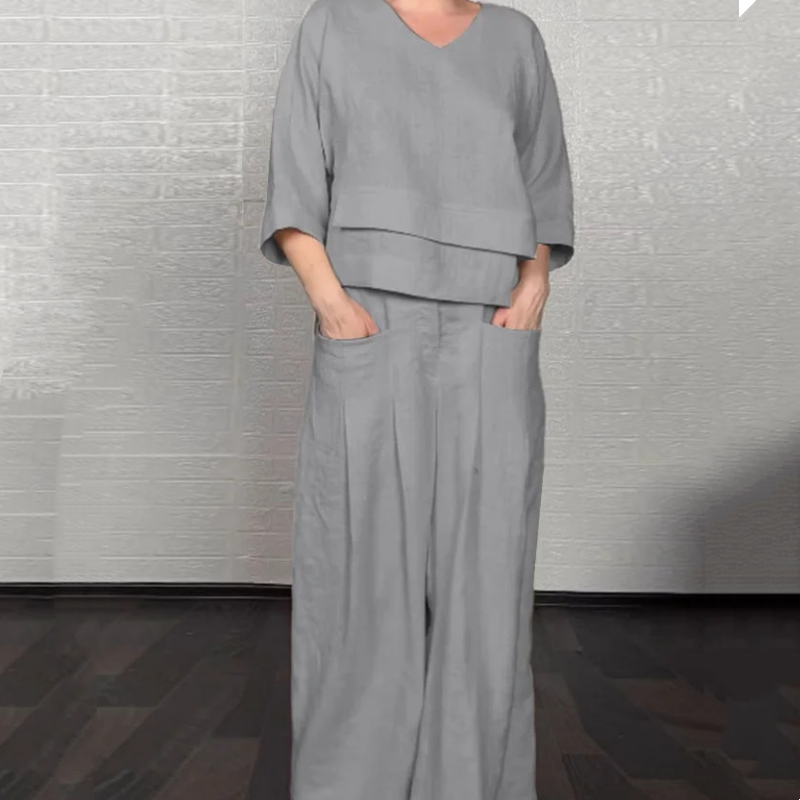 💎 Irregular Hem Cotton-Linen 2-Piece Set – V-Neck Top + Wide-Leg Pants, Breathable & Effortlessly Stylish 🍂👚