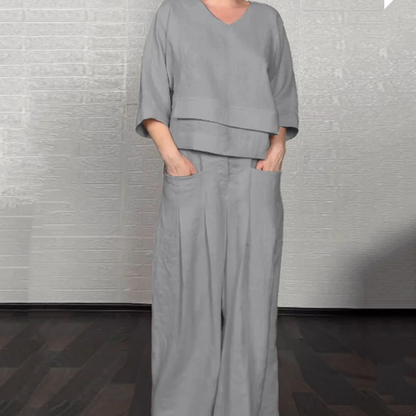 💎 Irregular Hem Cotton-Linen 2-Piece Set – V-Neck Top + Wide-Leg Pants, Breathable & Effortlessly Stylish 🍂👚
