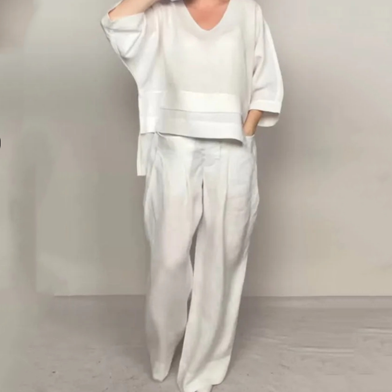 💎 Irregular Hem Cotton-Linen 2-Piece Set – V-Neck Top + Wide-Leg Pants, Breathable & Effortlessly Stylish 🍂👚